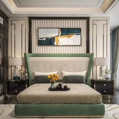 This luxurious master bedroom concept features a green upholstered bed with a quilted, wingback headboard and integrated wall paneling. We can create this entire look, including the matching bedside tables, for a cohesive and high-end design.