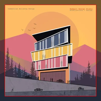 This stylized illustration represents our conceptual design for a commercial building. We use this graphic style in early project stages to explore bold forms, color palettes, and the building's overall massing and presence in a landscape.