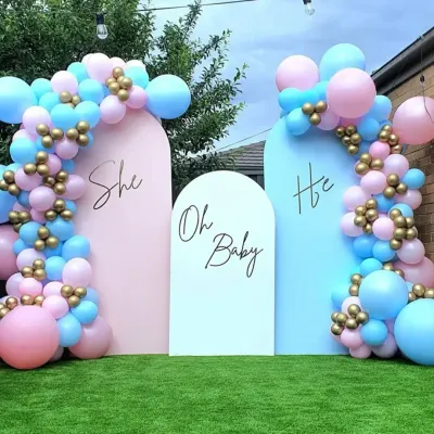 A classic "He or She" gender reveal party setup. This outdoor decoration features pink and blue arched backdrops, each with a matching balloon garland, creating a perfect photo op for the big reveal.