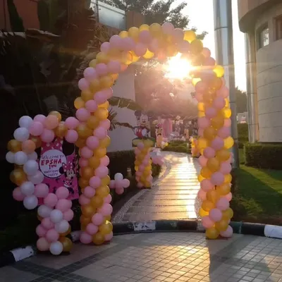 I create beautiful balloon arches to welcome guests to your outdoor party. This arch, made with pink, yellow, and white balloons for a Minnie Mouse theme, was set up at the entrance of a walkway, creating a grand and festive entry point for the celebration.