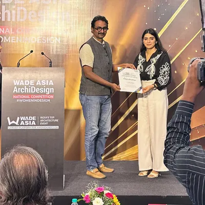 Our Co-Founder, Surbhi Singhal, receiving recognition in the Top Architect of the Year 2025 category at the WADE ASIA ArchiDesign competition.