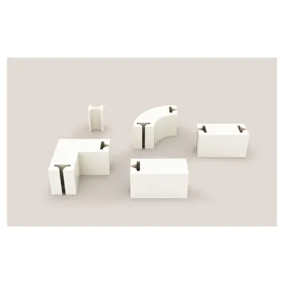 These are the five core modules of the LOKI system: an end, straight, curved, corner, and connector piece. These simple building blocks can be combined to create endless seating configurations.