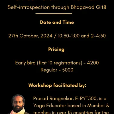 Our Gītā Sār Vichār workshop poster, detailing the date, pricing, and facilitator. This introspective journey is designed to help you release limiting beliefs and find clarity.