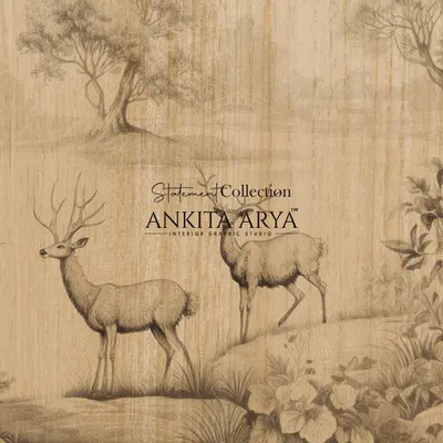 A close-up detail of the printed veneer wardrobe panels. The fine lines and shading of the deer and forest landscape give the artwork a classic, hand-etched feel, adding depth and character to the wood surface.