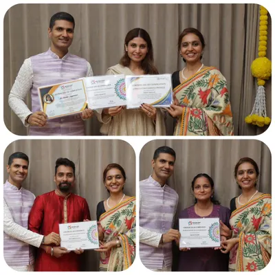 Collage of our 12th batch of Mumbai YTTC graduates proudly holding their certificates with us.
