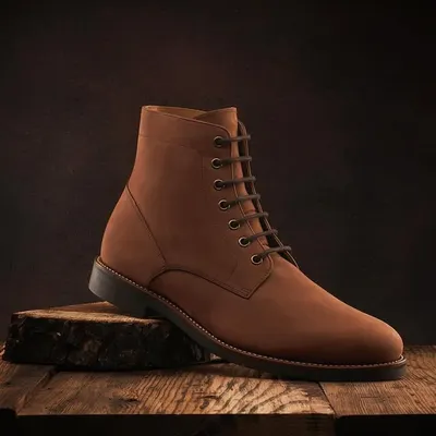 I love the woody, warm tones in this shot for Hanker Boots. We created a rustic, masculine setting with a tree stump and wooden planks to complement the brown suede boots. The lighting is soft and directional, highlighting the texture of the suede.
