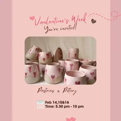 Our Galentine's Week event flyer, inviting you to celebrate love and friendship with pastries and pottery.