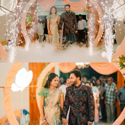 Making a grand entrance as a newly engaged couple. We captured this moment with sparklers and smoke, adding a touch of drama and celebration to their entry at the convention hall.
