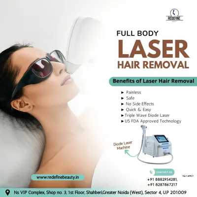 We use a Triple Wave Diode Laser machine, which is US-FDA approved and ideal for Indian skin. This graphic explains the key benefits: it's painless, safe, quick, and highly effective.