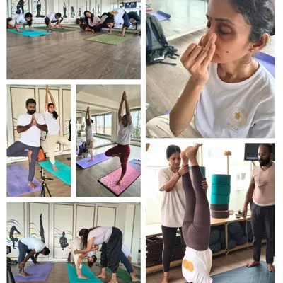 A collage capturing the diverse elements of our TTC. From challenging inversions and pranayama to hands-on support from our gurus, every day is a step deeper into the practice.
