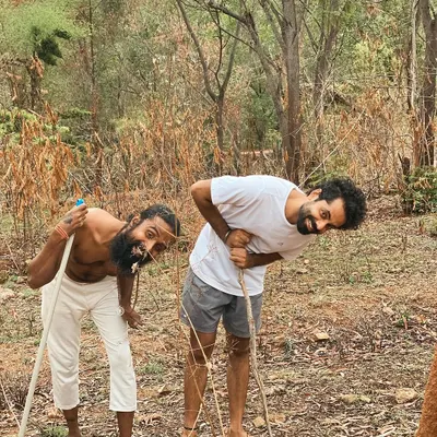 Life at the ashram is not always serious. Here, we are having some playful fun in the woods, reminding us to connect with our inner child and find joy in the simple moments.
