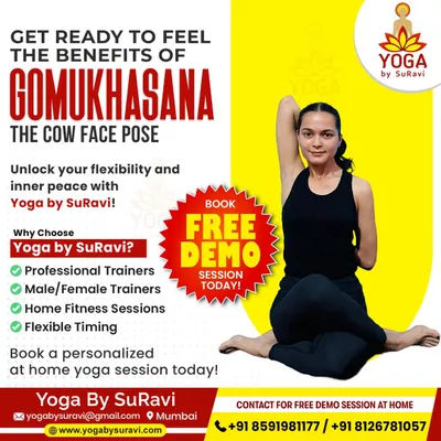 Get ready to feel the benefits of Gomukhasana (The Cow Face Pose). This graphic highlights why you should choose us for personalized at-home sessions.
