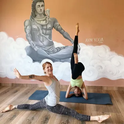 Celebrating International Yoga Day with a friend. Here I am in a variation of a supported headstand, a pose that strengthens the arms, shoulders, and core.