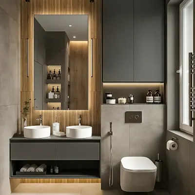 A sophisticated modern bathroom in shades of grey and wood. I used backlighting behind the mirror and under the vanity to create a warm, ambient glow and a floating effect.