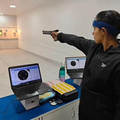 An ITBP official, Sonal Chowdhary, during a focused 10m Air Pistol training session at our Delhi branch. We provide a professional environment for athletes from various organizations to hone their skills.