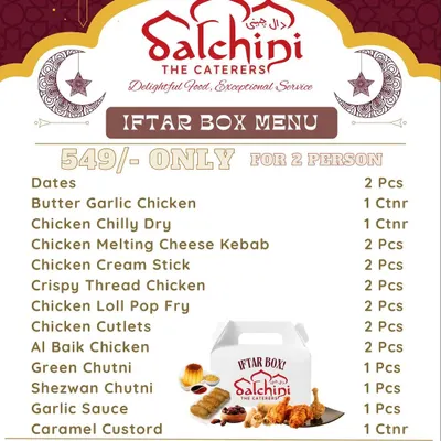 This is the full menu for our popular Iftar Box for two. I've listed every single item you'll receive, including starters like Crispy Thread Chicken and Chicken Cutlets, so you know exactly what to expect.