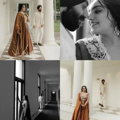 A collage of portraits from Gunveer and Bandana's Roka, blending classic color shots with artistic black and white frames that tell the story of their 8-year journey.