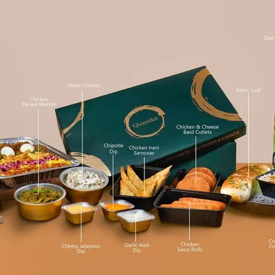 An overview of my comprehensive Iftar Kit, with each delicious item clearly labeled. This box includes everything from Chicken Malai Swiss Biryani and Malai Chicken to various dips, samosas, and even a Coffee Bread Crème Cake for a complete, hassle-free feast.