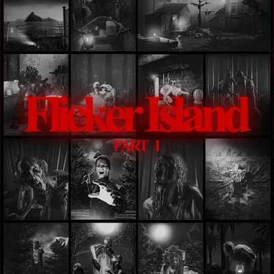 A collage showcasing the breadth of the "Flicker Island" series. This gives a glimpse into the various environments, creatures, and character moments I developed over two years to build a cohesive, haunted universe.