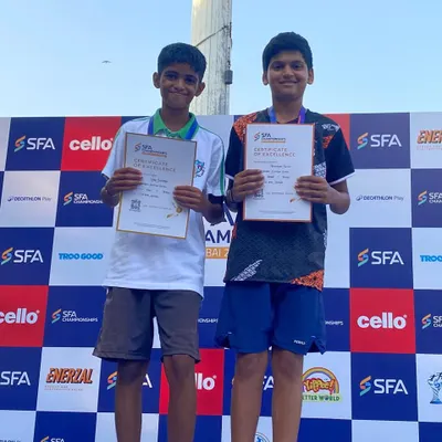 A proud moment for our academy. Pradhyuman Savant and Vyom Shivmath holding their certificates after winning the gold medal in the Under 14 Doubles category at the SFA Championship.