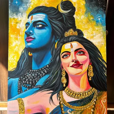 A finished portrait of Shiv and Parvati, painted with acrylics on an 18x14 inch canvas. I used a vibrant yellow background to contrast with Mahadev's iconic blue, creating a piece that radiates divine energy.