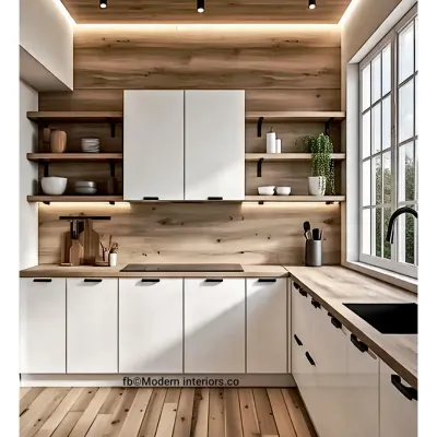 This Scandinavian-inspired kitchen features white handleless cabinets paired with a warm wood backsplash and countertops. Open shelving and under-cabinet lighting create a bright and airy workspace.