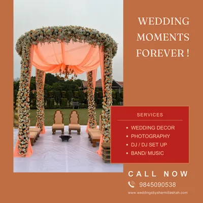 Wedding moments forever! This graphic outlines our core services: wedding decor, photography, DJ, and music. We handle all wedding-related services under one point of contact.