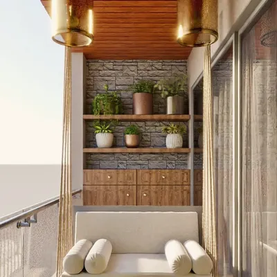 A balcony designed to be a peaceful escape. It features a comfortable swing, a stone-clad wall, and built-in shelves for plants, bringing a touch of nature to this high-rise apartment.