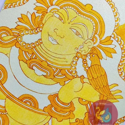 The journey of my Meenakshi painting begins. Here, the first layer of yellow is applied, setting a warm, divine glow for the goddess. This is the foundation upon which all other colors will be built.