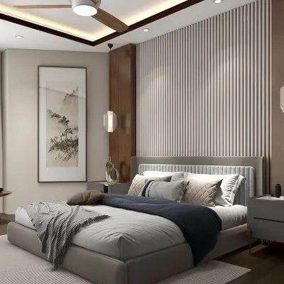 This serene bedroom is defined by a feature wall combining fluted white panels and warm wood. We designed a custom upholstered bed and matching nightstands in soft grey tones to complement the architectural details and create a restful atmosphere.