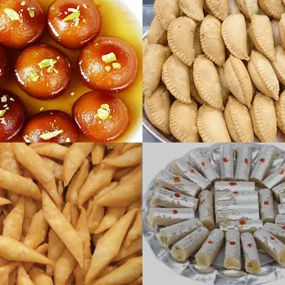 Gulab jamun, gujiya, namkeen and kaju pista rolls appear together in the collage we use for our Holi menu.