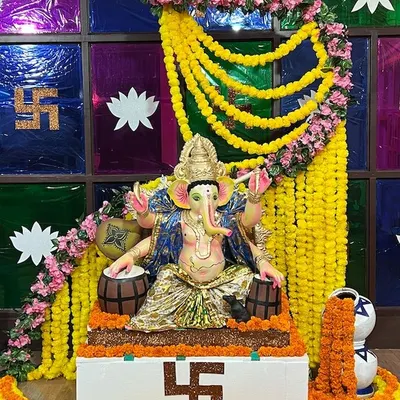 Our beautifully decorated idol for the Ganesh Chaturthi Celebration in 2023. We celebrate with puja, havan, and cultural events. Ganpati Bappa Morya!