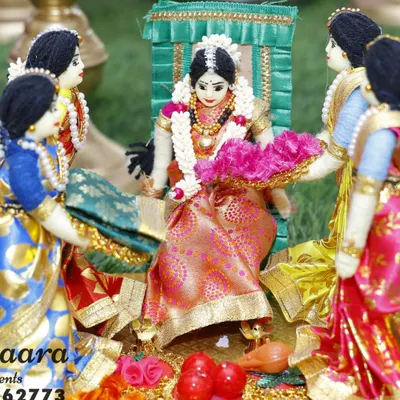 We offer beautiful, traditional doll sets that are perfect for decorating baby shower (seemantham) ceremonies. These handcrafted dolls depict cultural scenes and add a unique, artistic touch to your event.