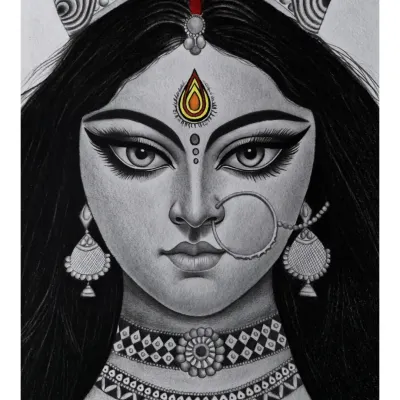 A pencil portrait of Devi Maa, where I aimed to capture the intensity and compassion in her eyes. The drawing is mostly black and white, with detailed line work on her crown and jewelry, but a colored bindi draws focus to her powerful gaze.