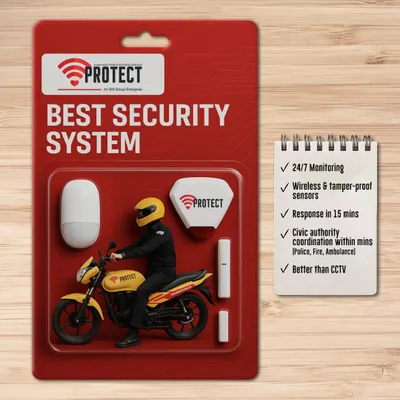 This is our all-in-one security package. It includes wireless, tamper-proof sensors for comprehensive coverage, 24/7 monitoring, and a guaranteed response within 15 minutes. We also coordinate directly with civic authorities like the police and fire department, offering a level of security that is far better than just CCTV.