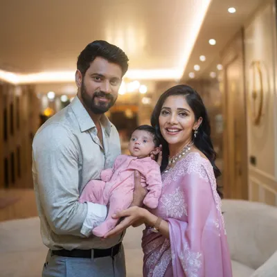 A beautiful family portrait of Milana, Krishna, and their newborn, with Milana wearing a custom Kalasthree saree for this precious moment.