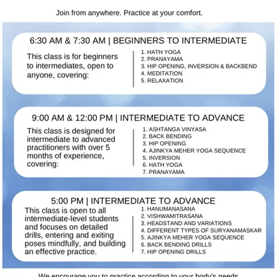 Here is the schedule for our online classes. We have different batches for all levels, from beginners to advanced practitioners. Find a time that works for you and join us on the mat.