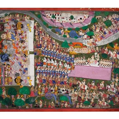 This large mid-18th century miniature from the Kota School depicts a royal 'Dussehra Procession'. It's a masterpiece of narrative art, showing the king, a Ramlila enactment, and a three-dimensional view of the fort and landscape, all rendered with natural pigments.