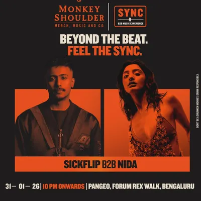 The poster for a Monkey Shoulder SYNC event featuring a Sickflip B2B Nida set. We created this B2B-only music experience to focus on the art of DJing and seamless musical journeys.