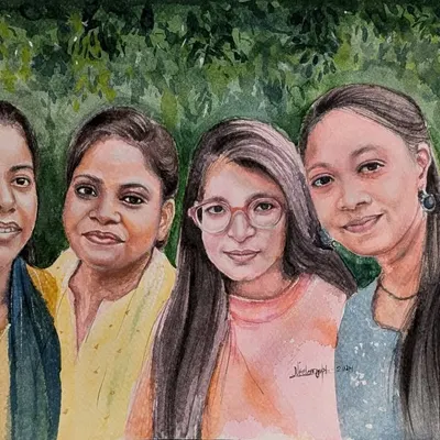 The finished watercolor group portrait, celebrating years of friendship. The soft blending of colors gives this piece a warm and gentle feel, perfect for such a happy memory.