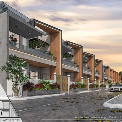 A housing proposal for a development in Bhopal. I designed these modern row houses with a unified aesthetic, using framed balconies, wood accents, and integrated planters.