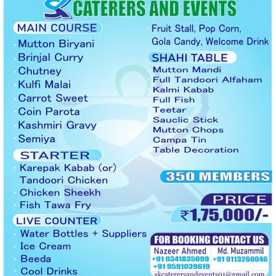 Our Prestige Banquet Package, priced at ₹1,75,000. This popular option includes a wide array of starters, a full main course with Mutton Biryani, and live counters.