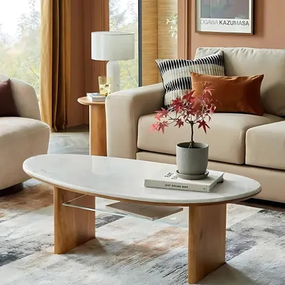 This elegant coffee table is a perfect example of mixed materials. We combined a luxurious marble top with warm wooden legs and a practical glass shelf, resulting in a centerpiece that is both beautiful and functional for a modern living room.