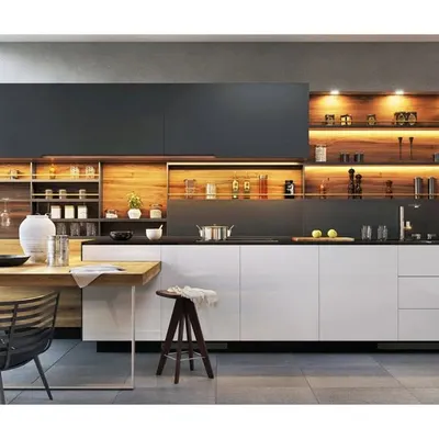 A factory-made modular kitchen that combines open-shelf storage with closed cabinets. The warm wood tones and under-cabinet lighting create a functional and aesthetically pleasing cooking space.