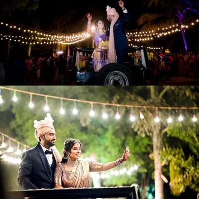 The grand entrance of the bride and groom at their reception, waving to friends and family from a decorated vehicle. We capture the excitement of your big entry.