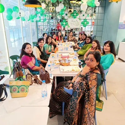 A wonderful group of ladies celebrating Teej at my restaurant. The green and white balloon decor was set up specially for their festive kitty party.