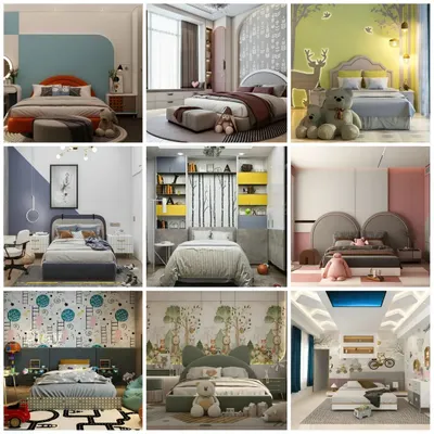 A mood board of various kids' bedroom themes I can create, from playful and colorful to calm and minimalist.