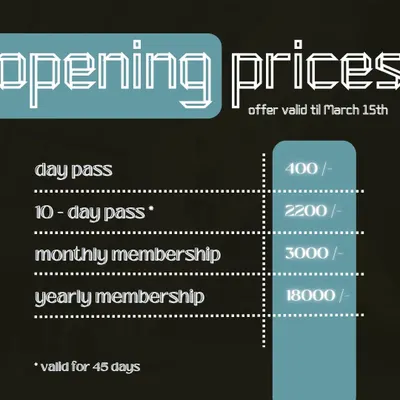These were our special opening prices when we first launched! We offer a range of options including a single day pass, a flexible 10-day pass, and monthly or yearly memberships for our regulars.