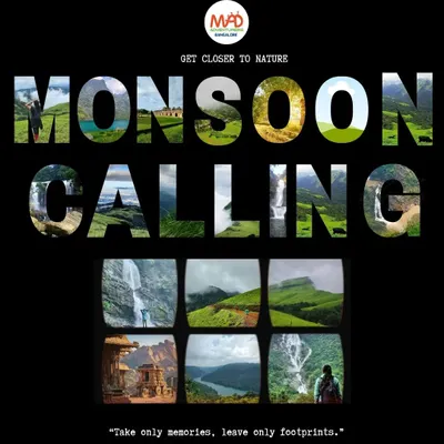 Our "Monsoon Calling" graphic, showcasing the variety of treks and trips we offer during the rainy season.