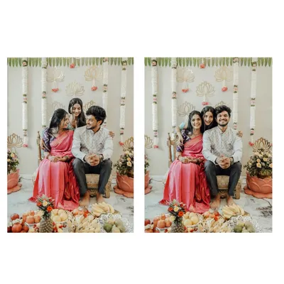 A lovely family portrait from a traditional ceremony. The backdrop features simple, elegant decor with hanging lotus motifs and floral strings, creating a serene and beautiful setting.